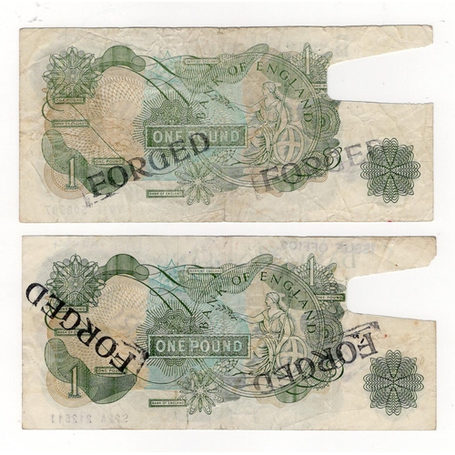 19 - Page 1 Pound FORGERIES (2), a pair of contemporary forgeries with section at left removed, 'FORGED' ... 