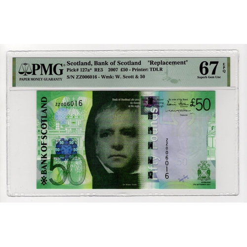 358 - Scotland, Bank of Scotland 50 Pounds dated 17th September 2007, REPLACEMENT note 'ZZ' prefix, Falkir... 