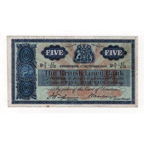 361 - Scotland, British Linen Bank 5 Pounds dated 1st September 1944, rarer early date signed George Macke... 