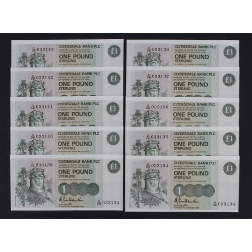 366 - Scotland, Clydesdale Bank 1 Pound (10) dated 9th November 1988, a consecutively numbered run of LAST... 