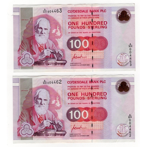 368 - Scotland, Clydesdale Bank 100 Pounds (2) dated 2nd October 1996, a consecutively numbered pair signe... 