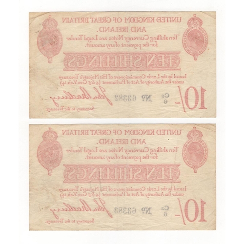 37 - Bradbury 10 Shillings (T12.3) issued 1915 (2), a consecutively numbered pair of LAST RUN 'C2' prefix... 