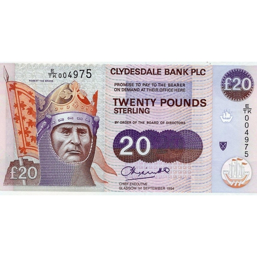 371 - Scotland, Clydesdale Bank 20 Pounds dated 1st September 1994, first issue with ascending serial numb... 