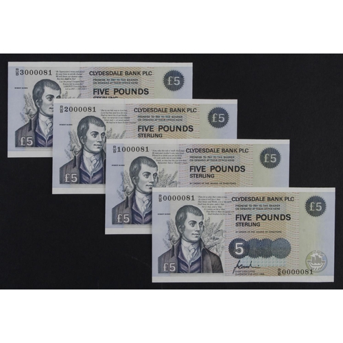 375 - Scotland, Clydesdale Bank 5 Pounds (4) dated 1996, a commemorative set each featuring a Robbie Burns... 