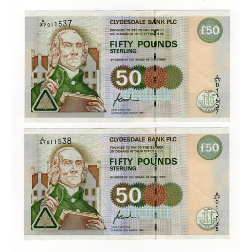 377 - Scotland, Clydesdale Bank 50 Pounds (2) dated 22nd March 1996, a consecutively numbered pair signed ... 