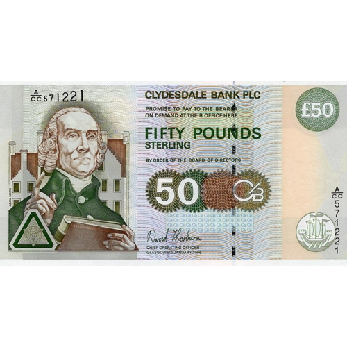 378 - Scotland, Clydesdale Bank 50 Pounds dated 9th January 2006, serial A/CC 571221 (PMS CL62d, Pick225c)... 