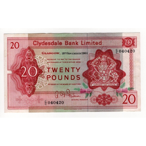 379 - Scotland, Clydesdale Bank Limited 20 Pounds dated 19th November 1964, signed R.D. Fairbairn, serial ... 