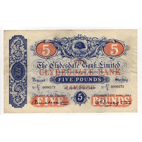 380 - Scotland, Clydesdale Bank Limited 5 Pounds dated 21st April 1943, signed Mitchell & Young, LOW SERIA... 