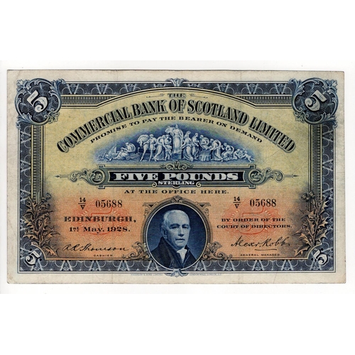 382 - Scotland, Commercial Bank 5 Pounds dated 1st May 1928 signed Thomson & Robb, a scarce early date, se... 