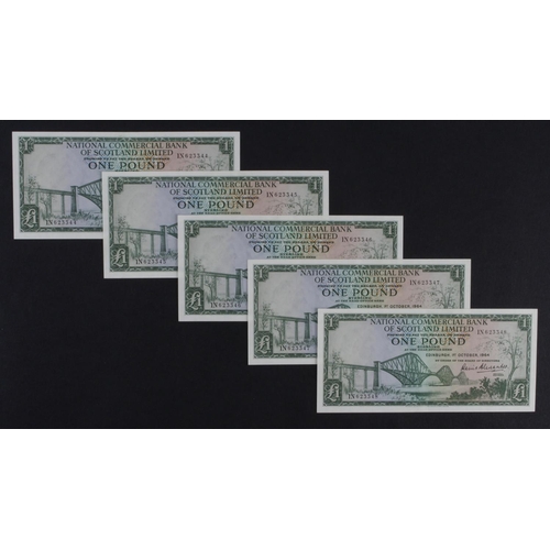 385 - Scotland, National Commercial Bank 1 Pound (5), a consecutively numbered run, serial IN 623344 - IN ... 