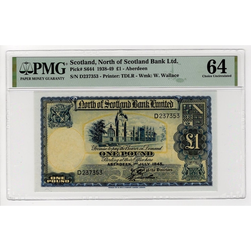 387 - Scotland, North of Scotland Bank 1 Pound dated 1st July 1945, signed George Webster, serial D 237353... 