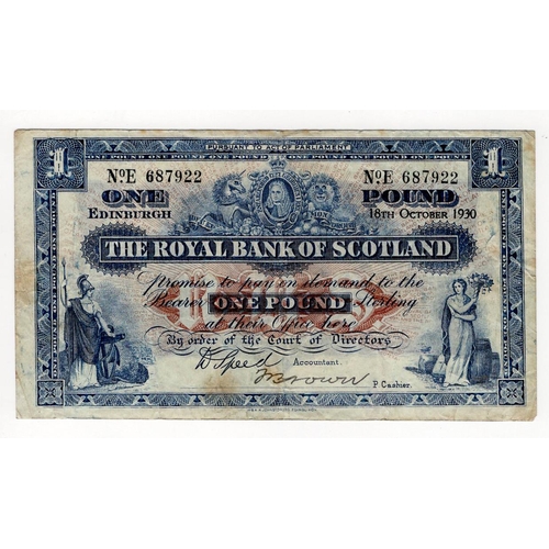 391 - Scotland, Royal Bank of Scotland 1 Pound dated 18th October 1930, signed David Speed, serial E 68792... 