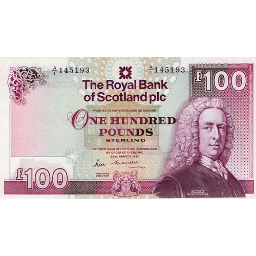 393 - Scotland, Royal Bank of Scotland 100 Pounds dated 25th March 1987, signed R.M. Maiden, serial A/1 14... 