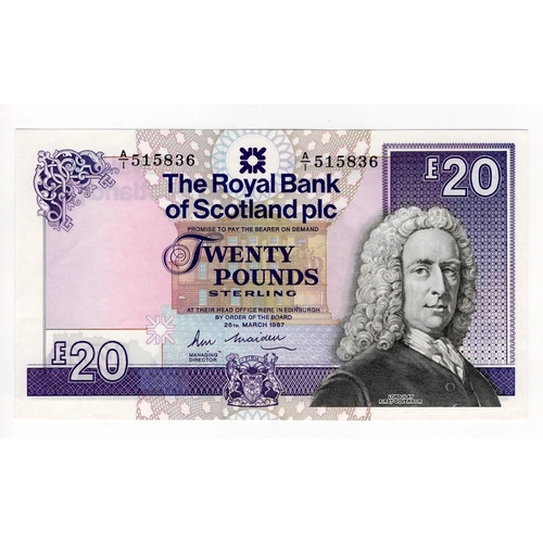 395 - Scotland, Royal Bank of Scotland 20 Pounds dated 25th March 1987, signed R.M. Maiden, FIRST series, ... 