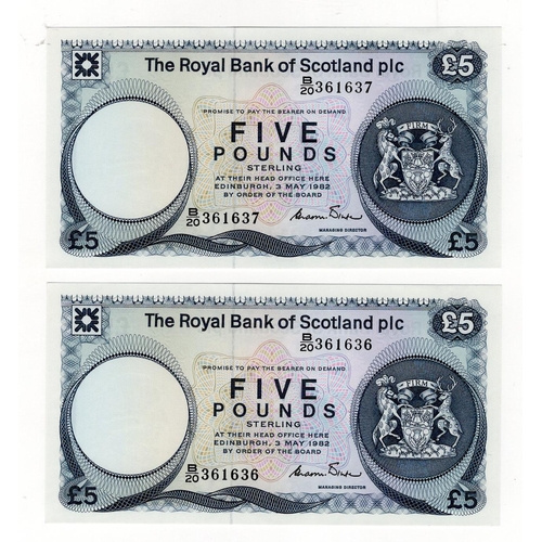 396 - Scotland, Royal Bank of Scotland 5 Pounds (2) dated 3rd May 1982 signed C.R. Winter, a consecutively... 