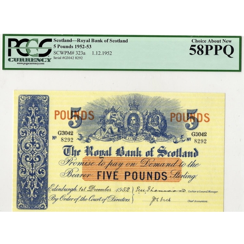 398 - Scotland, Royal Bank of Scotland 5 Pounds dated 1st December 1952, signed Thomson & Dick, serial G30... 