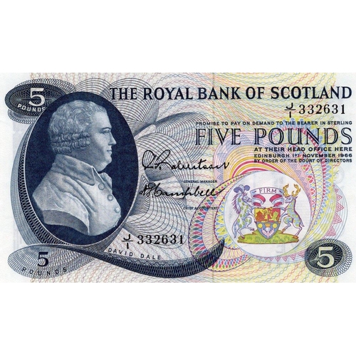 399 - Scotland, Royal Bank of Scotland 5 Pounds dated 1st November 1966, FIRST RUN 'J/1' prefix, signed Ro... 