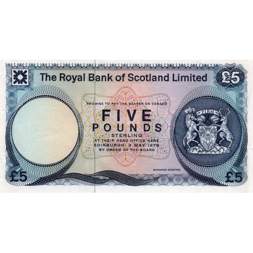 400 - Scotland, Royal Bank of Scotland 5 Pounds dated 3rd May 1976, scarce REMAINDER/ERROR no signature or... 