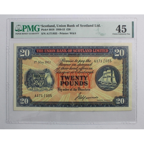 403 - Scotland, Union Bank 20 Pounds dated 1st May 1953, LAST DATE of issue, signed John A. Morrison, seri... 