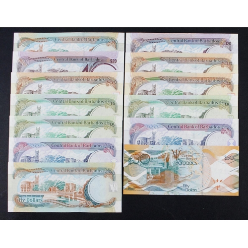 432 - Barbados (13), 50 Dollars, 20 Dollars, 10 Dollars (2) a consecutive pair, 5 Dollars and 2 Dollars al... 