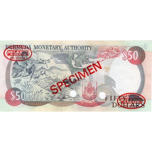 448 - Bermuda 50 Dollars dated 12th October 1992, Thomas de la Rue SPECIMEN note, 2 punched holes, red dia... 