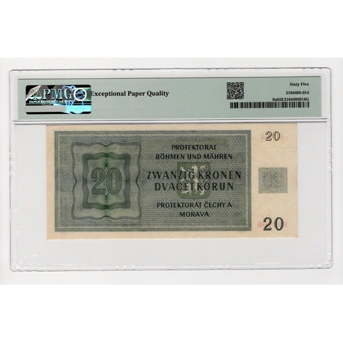 451 - Bohemia & Moravia 20 Korun dated 24th January 1944, serial S.46H 199106 (TBB B109b, Pick9a) in PMG h... 