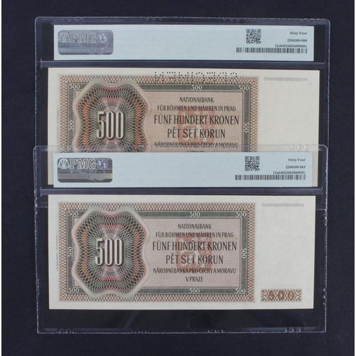 452 - Bohemia & Moravia 500 Korun (2) dated 1942, II Auflage (2nd issue), one issued example and one perfo... 