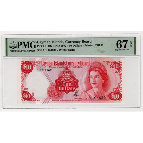 468 - Cayman Islands 10 Dollars dated 1971, serial A/1 104630 (TBB B103a, Pick3) in PMG holder graded Gem ... 