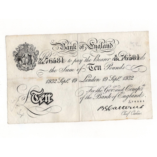 63 - Catterns 10 Pounds (B229) dated 19th September 1932, London Issue, serial K/114 76581 (B229, Pick329... 