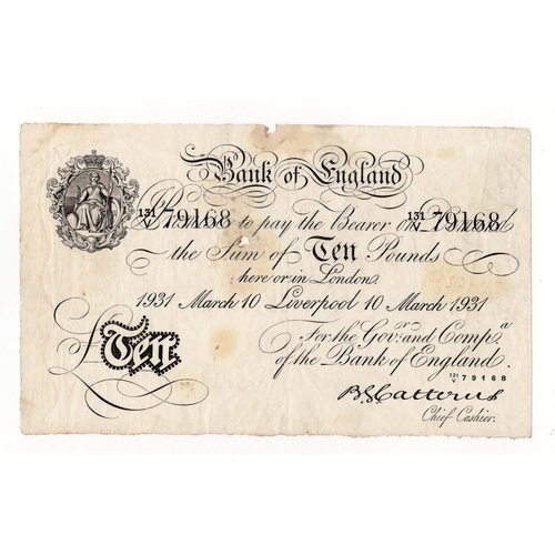 64 - Catterns 10 Pounds (B229e) dated 10th March 1931, very rare LIVERPOOL branch note, serial 131/V 7916... 