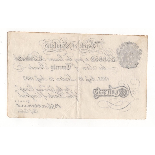 65 - Catterns BERNHARD note 20 Pounds dated 15th August 1933, serial 47/M 58852 (B230 for type) WW2 Opera... 