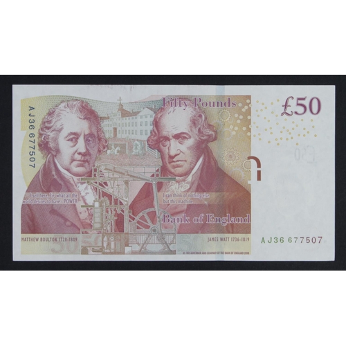 66 - Cleland 50 Pounds (B413) issued 2015, rare FIRST RUN 'AJ36' prefix, serial AJ36 677507 (B413, Pick39... 