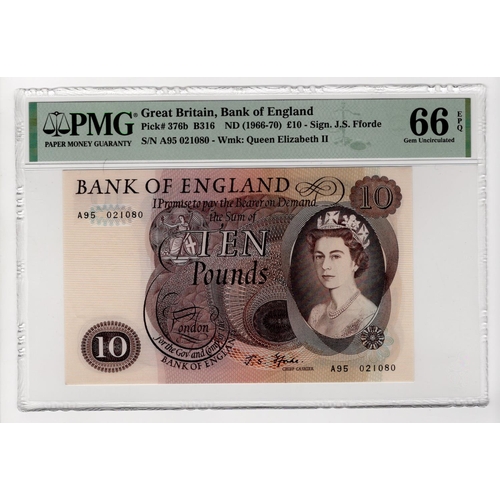 78 - Fforde 10 Pounds (B316) issued 1967, scarce LAST RUN 'A95' prefix, serial A95 021080 (B316, Pick376b... 