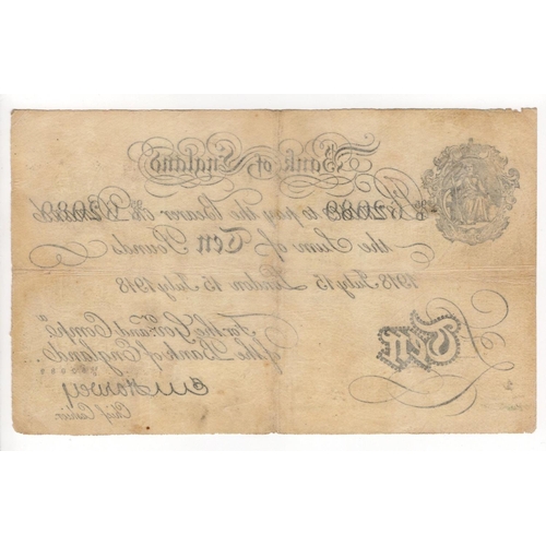 9 - Harvey 10 Pounds FORGERY dated 15th July 1918, serial number 95D 62089 (B209b for type) small hole a... 