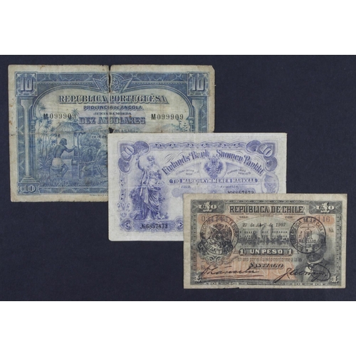 933 - World (3), Angola 10 Angolares dated 1926 FUN serial M099909 (Pick67) holes/tears/dirt Fair, Chile 1... 