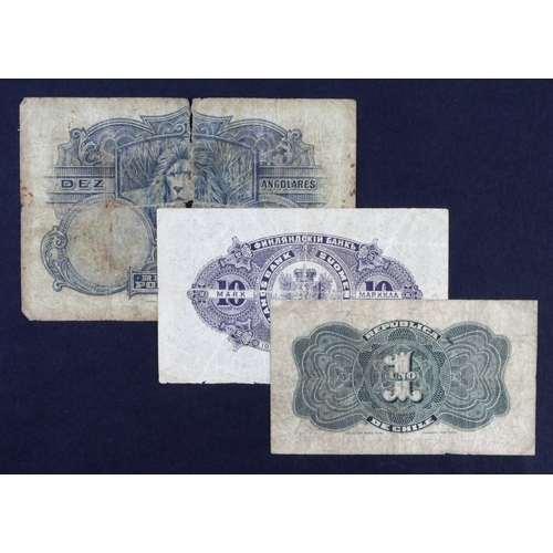 933 - World (3), Angola 10 Angolares dated 1926 FUN serial M099909 (Pick67) holes/tears/dirt Fair, Chile 1... 