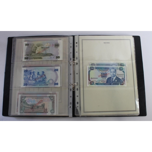 935 - World (33), an unusual album of SPECIMEN notes including 2 A4 pages showing the back and front of th... 