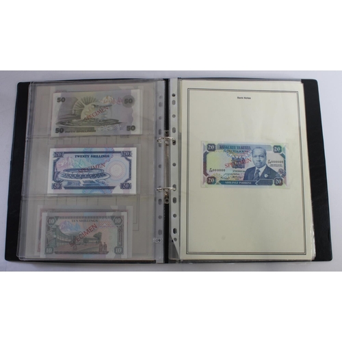 935 - World (33), an unusual album of SPECIMEN notes including 2 A4 pages showing the back and front of th... 