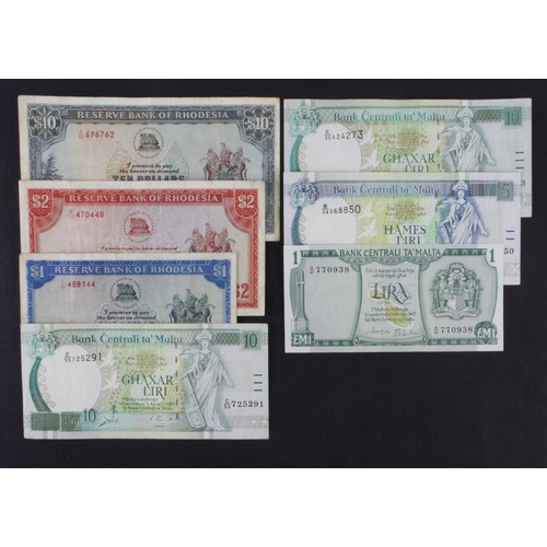 946 - World (7), Malta & Rhodesia, Malta 10 Liri x 2 and 5 Liri issued 1994, 1 Lira issued 1973, Rhodesia ... 