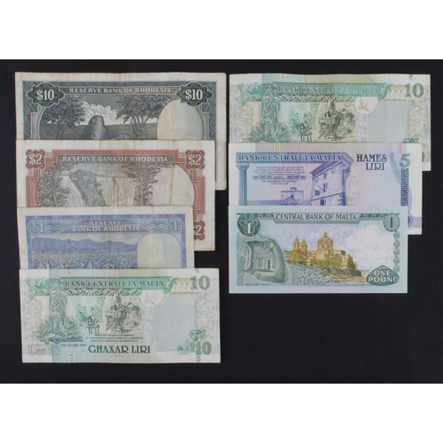 946 - World (7), Malta & Rhodesia, Malta 10 Liri x 2 and 5 Liri issued 1994, 1 Lira issued 1973, Rhodesia ... 