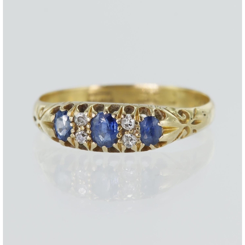 10 - 18ct yellow gold antique diamond and sapphire boat ring, three oval sapphires principal measures 4mm... 