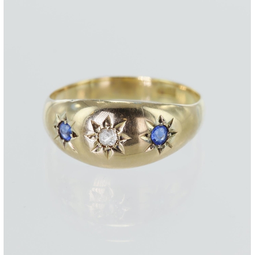 103 - Yellow gold (tests 18ct) antique diamond and blue stone gypsy ring, one old cut diamond approx. 0.04... 