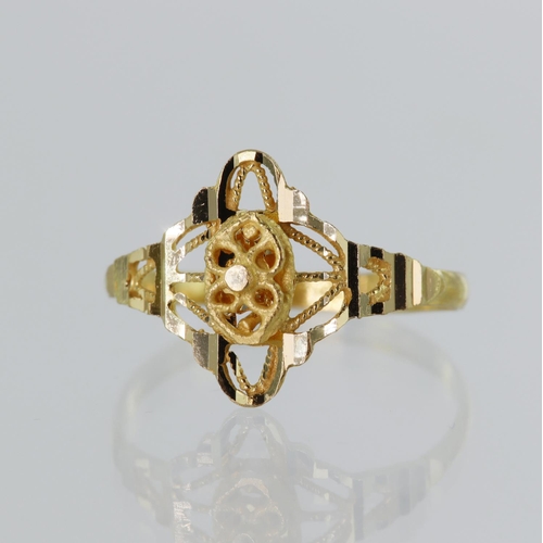 105 - Yellow gold (tests above 20ct) filigree dress ring, finger size P, weight 1.9g.