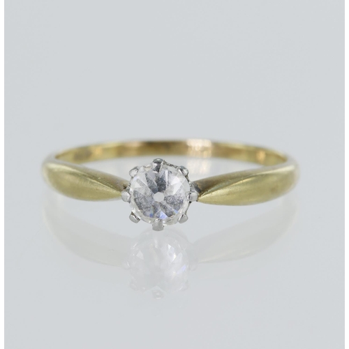 106 - Yellow gold (tests 14ct) diamond solitaire, upside down set round brilliant cut approx. 0.45ct, fing... 