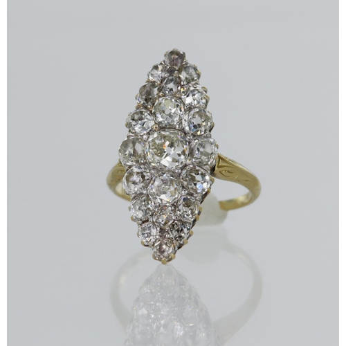 108 - Yellow gold (tests 18ct) antique diamond navette ring, TDW approx. 3.17ct, nineteen old cut diamonds... 