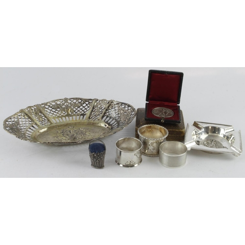 1086 - Silver & white metal. A collection of various silver and white metal items, including ashtray, silve... 