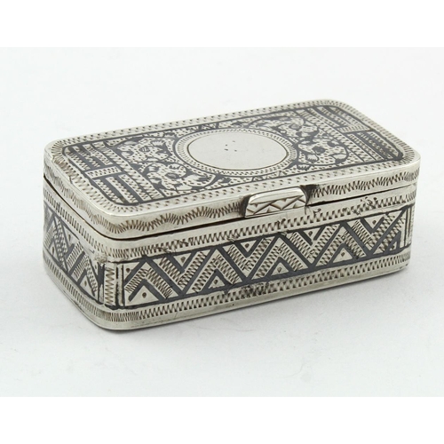 1090 - Russian silver Niello work snuff box, bears Makers marks which are difficult to read and a 84 zolotn... 