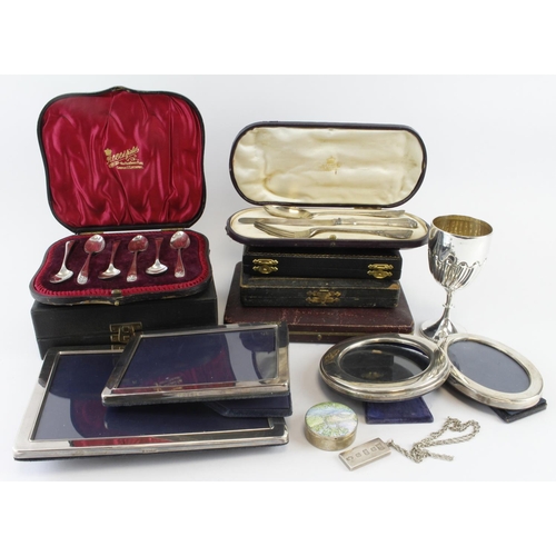 1091 - Mixed Silver. A collection of various silver items, including spoons, cup, enamel pill box, picture ... 