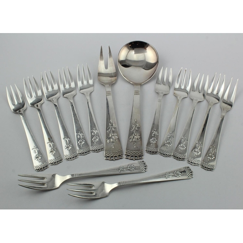 1098 - Mixed lot of Danish 830 grade silver flatware  comprising of twelve silver pastry forks, a silver se... 