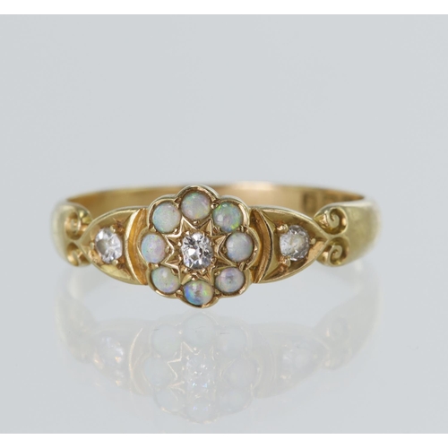 11 - 18ct yellow gold Edwardian diamond and opal cluster ring, hallmarked Birmingham 1905, finger size P/... 